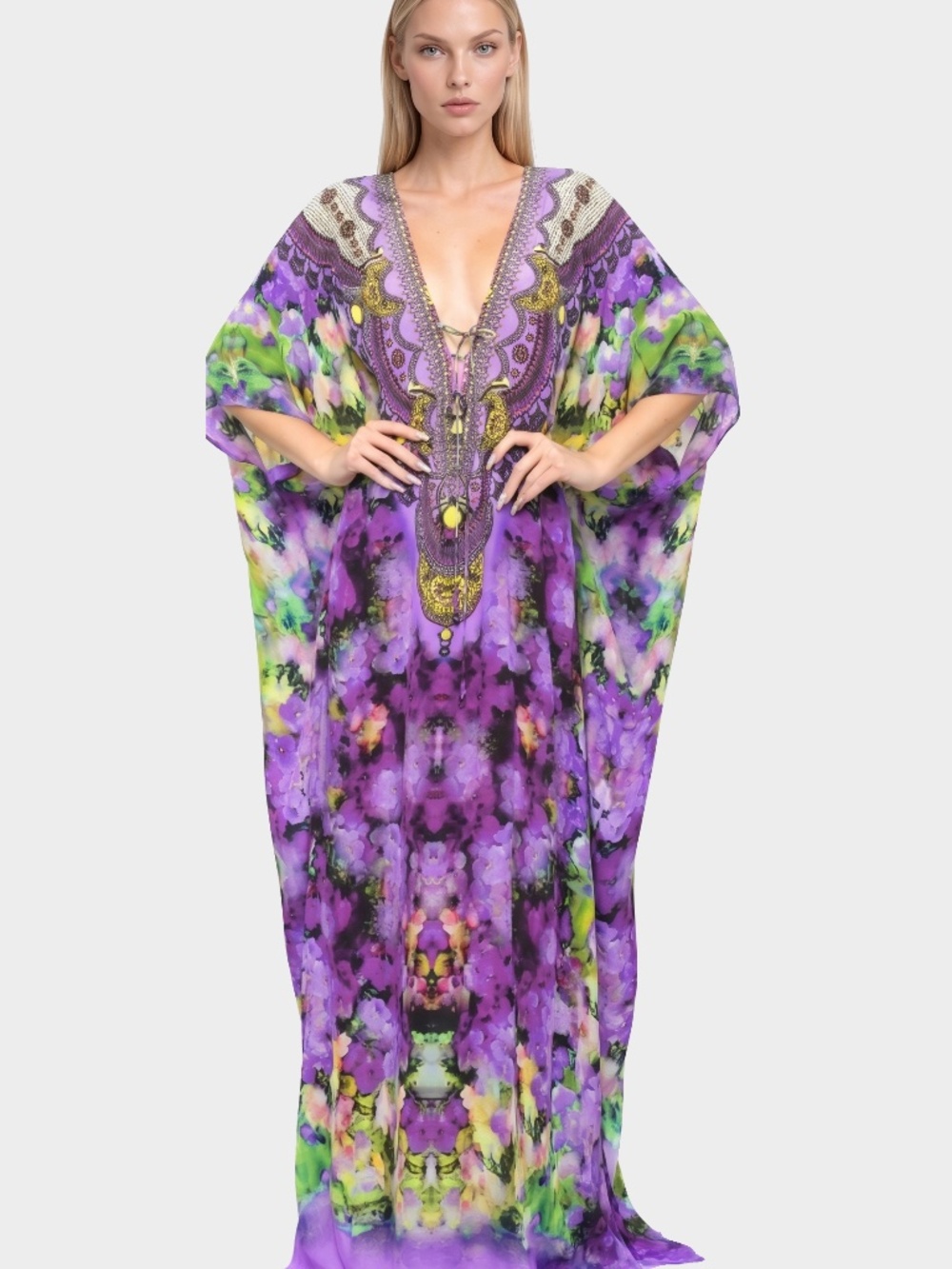 Shahida Parides Purple  Floral Kaftan Maxi Dress Resort Floral  Vacation Dress